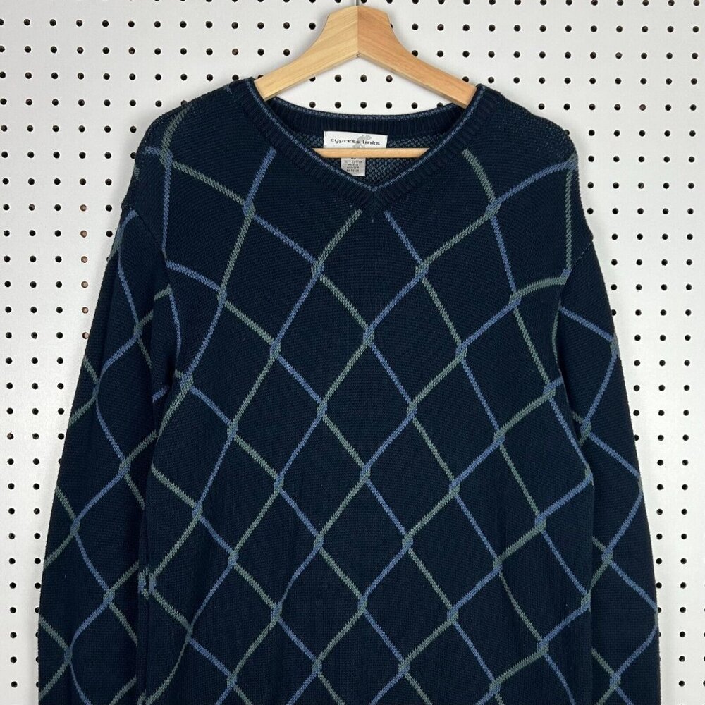 Cypress Links‎ Blue Chunky Knit Sweater Size Medium 40 Grandpa 90s Pattern Green